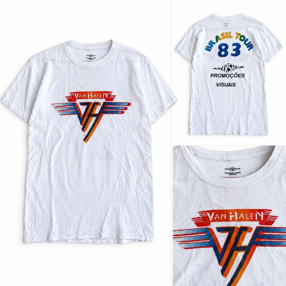 VTG 1983 Van Halen Brasil Tour Concert T-Shirt Mens Small White Rock Band 80s
